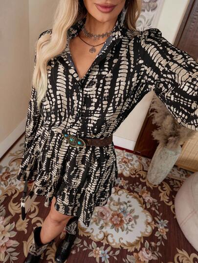 LanaWest Women Stand Collar Cardigan Waist Lantern Sleeve Ruffle Hem Long Sleeve Short Dress