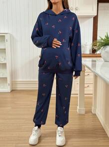 SHEIN 两件套孕妇休闲樱桃印花运动衫和裤子套装 - 藏蓝色 - 查看 6
