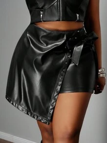 Slaydiva 2025 New Women Plus Size High Waist Rivet Tie Skort, Suitable For Daily Outing/Party, Travel, Party, Daily Travel, Graduation, Airport, Brunch - Black - View 10