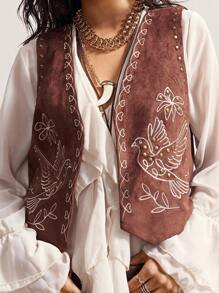 Bohemela 秋冬休闲度假纯色梭织刺绣修身女式轻便夹克 - 棕色 - 查看 6