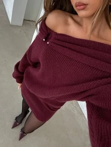 Aloruh 女士性感优雅露肩金属扣腰饰紧身迷你毛衣裙，酒红色，勃艮第红连衣裙，秋冬勃艮第红毛衣 - 酒紅色 - 查看 3