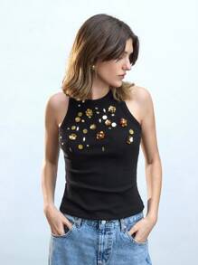 Maija 女士无袖金属花卉装饰圆领舒适背心，适合音乐节、派对、复古风格