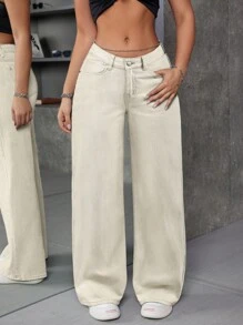 SHEIN ICON Jeans anchos de pierna ancha con bolsillos y cintura en V para mujer - Albaricoque - Ver 5