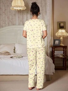 FloralLove 浪漫花卉蝴蝶结装饰印花针织女式花卉睡衣套装 女式花卉睡衣套装 女式睡衣套装 女式睡衣套装 女式花卉睡衣套装 女式睡衣套装 女式花卉睡衣套装 - 黃色 - 查看 2