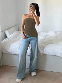 SHEIN EZwear 女士休闲纯色罗纹褶皱侧开叉抹胸咖啡棕色上衣露肩上衣巧克力棕色上衣 - 棕色 - 查看 5