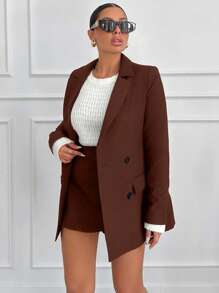 EURMUSE Lapel Neck Double Breasted Blazer - Brown - View 1