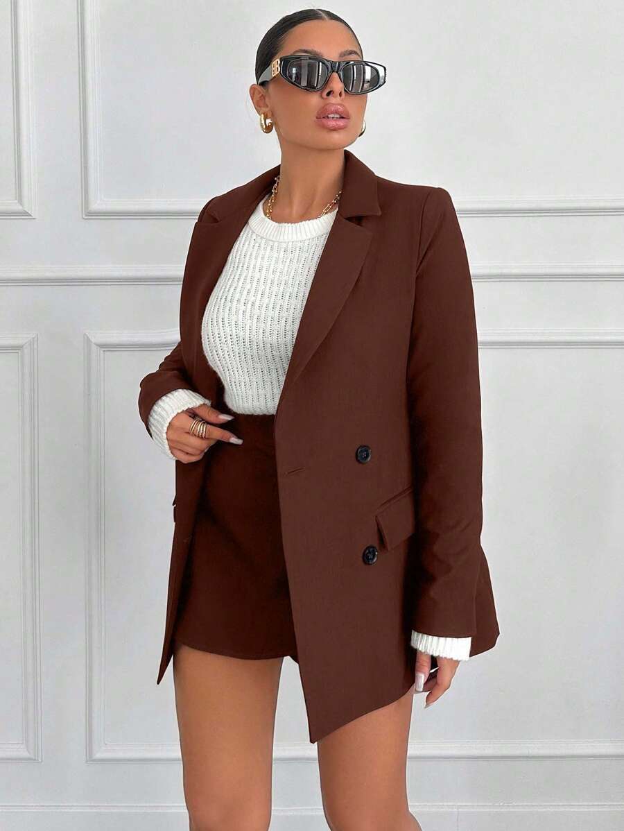 EURMUSE Lapel Neck Double Breasted Blazer - Brown - View 1