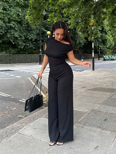 NegzBox White Stretch Texture Asymmetric Collar Top And Wide-Leg Pants With Elastic Waistband Pants Women's Two Pieces Set Casual Everyday, Elegant For All Seasons,Business Casual Woman