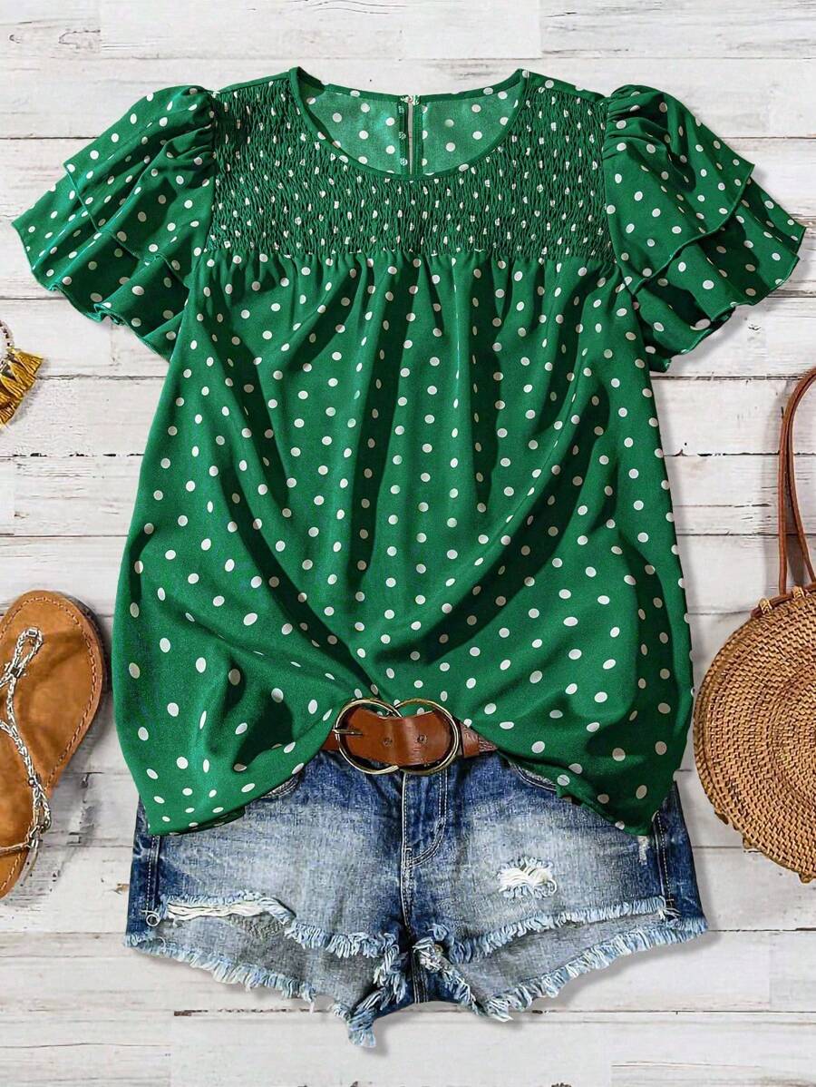 EMERY ROSE Women's Polka Dot Ruffle Double Layer Sleeve Casual Blouse - Green - View 1