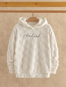 Manfinity VCAY 男士休闲字母刺绣修身插肩袖连帽衫，毛绒连帽衫，泰迪熊抓绒柔软连帽衫，秋冬款 - 米色 - 查看 6