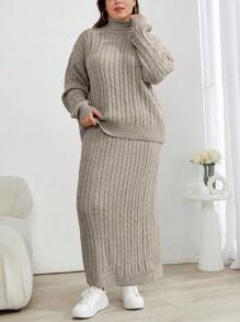 EURMUSE Cable Knit Turtleneck Sweater And Skirt Two Pieces Set - Mocha Brown - View 7