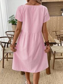 EMERY ROSE 女装夏季休闲条纹圆领连衣裙粉色条纹夏装短袖夏装夏季休闲连衣裙女度假连衣裙纯棉夏装 - 粉色 - 查看 2
