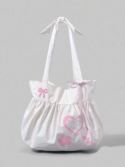 Anime 1 Stück süße Schleife Vintage Herzförmige Damen Umhängetasche, minimalistischer Polka Punkt Sommer Blumen & Musik Note große Kapazität Tragetasche