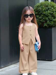 Babygirl 夏季休闲卡其色无袖上衣和松紧腰宽松裤套装 - 卡其色 - 查看 1