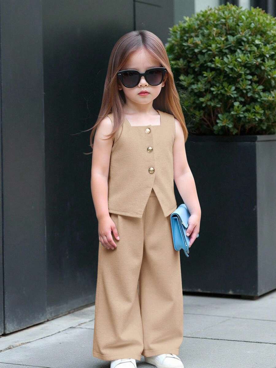 Babygirl 夏季休闲卡其色无袖上衣和松紧腰宽松裤套装 - 卡其色 - 查看 1