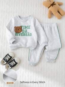 Cozy Pixies 2 件套男婴卡通熊图案针织柔软圆领长袖套头衫和松紧腰裤套装 - 彩色 - 查看 5