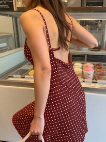 INAWLY Damen Polka Punkt Muster rückenfrei Trägerkleid mit Schal, Urlaubsstil, Sommer - Bordeaux - Übersicht 3