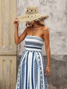 Brillora 女式波西米亚风几何印花露背高开衩连体裤 - 藍色 - 查看 7