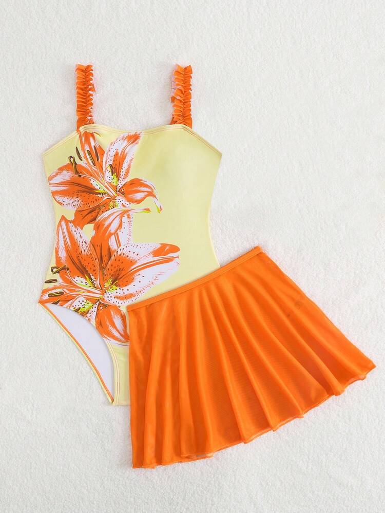 SHEIN Tween Girl Floral Print Color Block Spaghetti Strap One-Piece Swimsuit With Solid Color Mesh Skirt - Multicolor - View 5