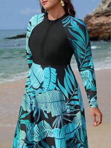 Swim Mulvari 2 件大码女式随机印花拼接长款躯干端庄布基尼泳衣套装