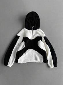 PAVTROS Áo hoodie màu tương phản có khóa kéo nửa tay thường ngày dài tay cho nam - Đen và trắng - Xem 4