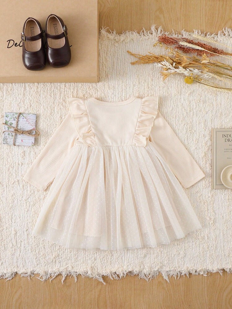 SHEIN 3M-3Y Baby Girl Elegant Sweet Lace Trim Decorated Knit Fabric Patchwork Polka Dot Mesh Skirt Hem Princess Long Sleeve Dress, Soft & Comfortable, Suitable For Spring, Summer, Autumn, Birthday Party, Photoshoot, School, Casual Outings - Apricot - View 2