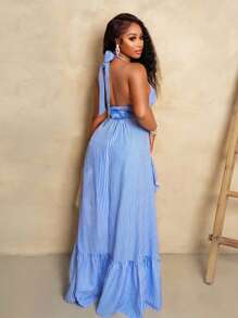 BamGleam SummerHoliday  Women Asymmetrical Hem Sleeveless Ruffle Trim Striped Halter Blouse, Autumn - Blue - View 2