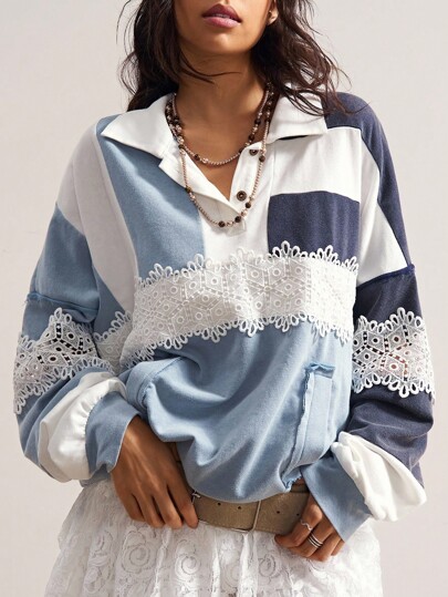 Bohemela Casual Knit Patchwork Long Sleeve Loose Blouse For Women Preppy Tops Patchwork Top Lace Shirts In Fall/Winter