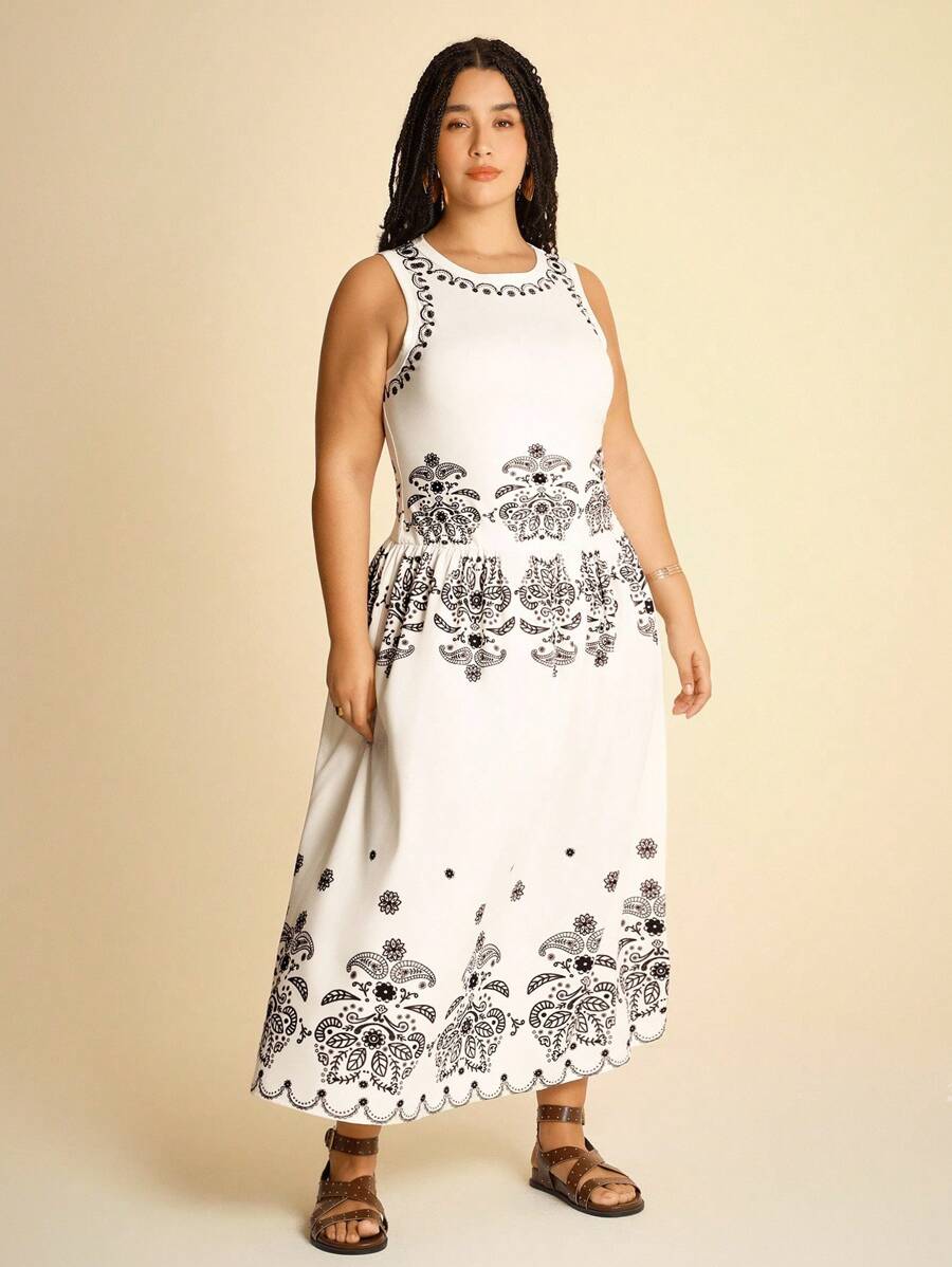CAJUNI Maxikleid in Große Größen für Damen mit Muster, ärmellos, Lässig - Herbstkleider für Frauen - Verschiedenfarbig - Übersicht 1