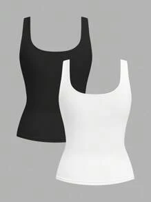 SHEIN CURVE+ 两件套加大码女式休闲圆领免烫紧身背心，一件白色背心和一件黑色背心，适合日常穿着，百搭，加州分会裤装 - 黑與白 - 查看 2