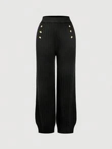 SHEIN MOD Women's Black Button Decorated Elegant Sweater And Knit Pants Set In Fall/Winter