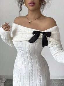 简约休闲蝴蝶结针织连衣裙，优雅气质，春夏女士 - 杏色 - 查看 4