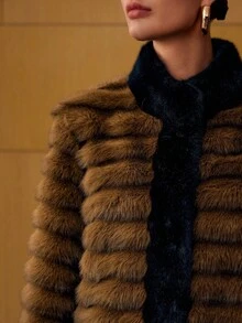 MOTF PREMIUM CONTRAST TRIM SNAP BUTTON FAUX FUR COAT - Brown - View 3