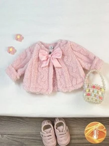 SHEIN Playful Pals 1 件女婴毛绒夹克，加厚羊毛外套，韩版可爱蝴蝶结装饰，粉色，时尚百搭，适合冬季日常穿着 - 粉色 - 查看 8