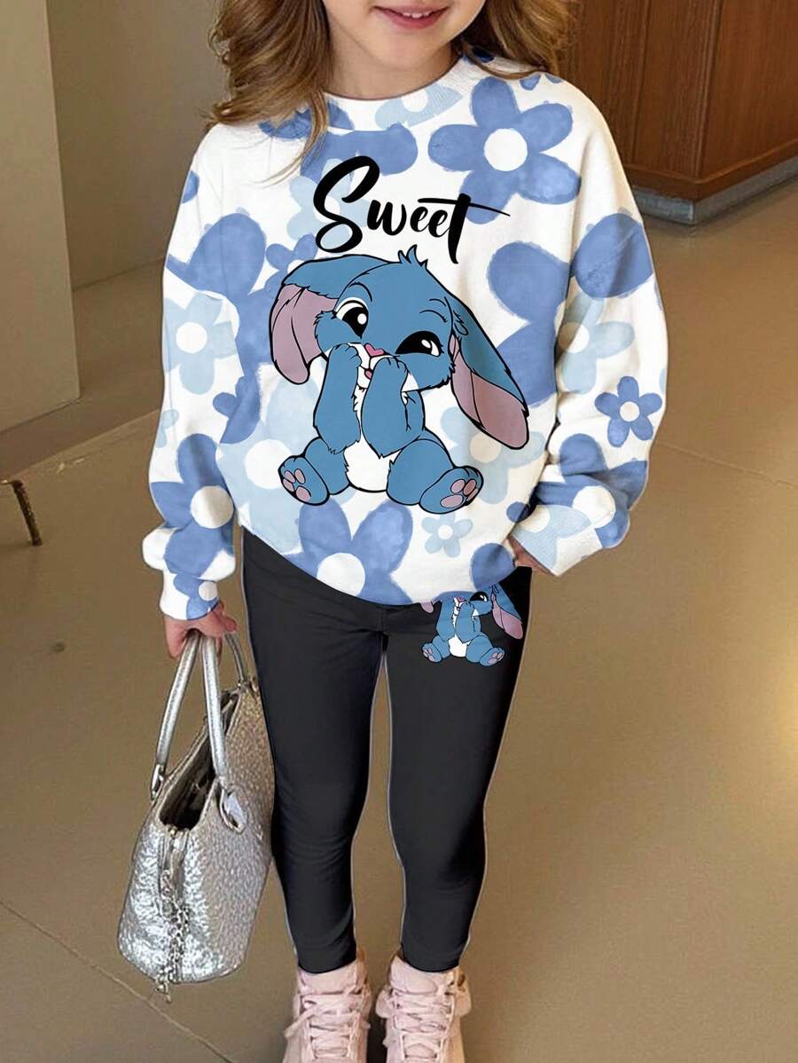 SHEIN 卡哇伊卡通蓝兔露露与史迪奇图案，蓝色渐变花卉，少女休闲圆领长袖卫衣和紧身裤两件套，适合秋冬。度假风情，阳光之旅，春季休闲装，夏季度假，家庭回忆，可爱的Y2K椰子女孩波西米亚春假，早午餐准备的淡蓝色女孩之旅，霓虹海滩风情，波西米亚嬉皮风格音乐节 - 彩色 - 查看 1