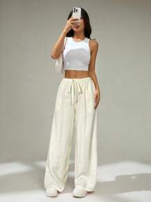 SHEIN PETITE Pantalon décontracté ample et ample à taille basse de couleur unie rose mignon pour l'été, avec lien à la taille, pour porter au quotidien - Blanc - Voir 6