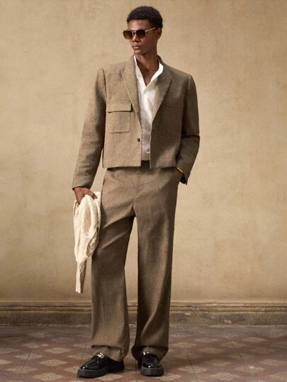 AKNOTIC 2pcs Business Casual Men's Fashion Woven Slim Fit Mocha Brown Suit Blazer Set, Suitable For Summer, Autumn, Vacation, Wedding, Party, Graduation Gift