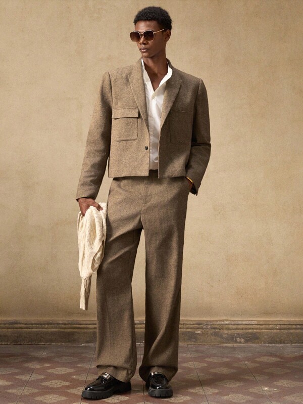 AKNOTIC 2pcs Business Casual Men's Fashion Woven Slim Fit Mocha Brown Suit Blazer Set, Suitable For Summer, Autumn, Vacation, Wedding, Party, Graduation Gift