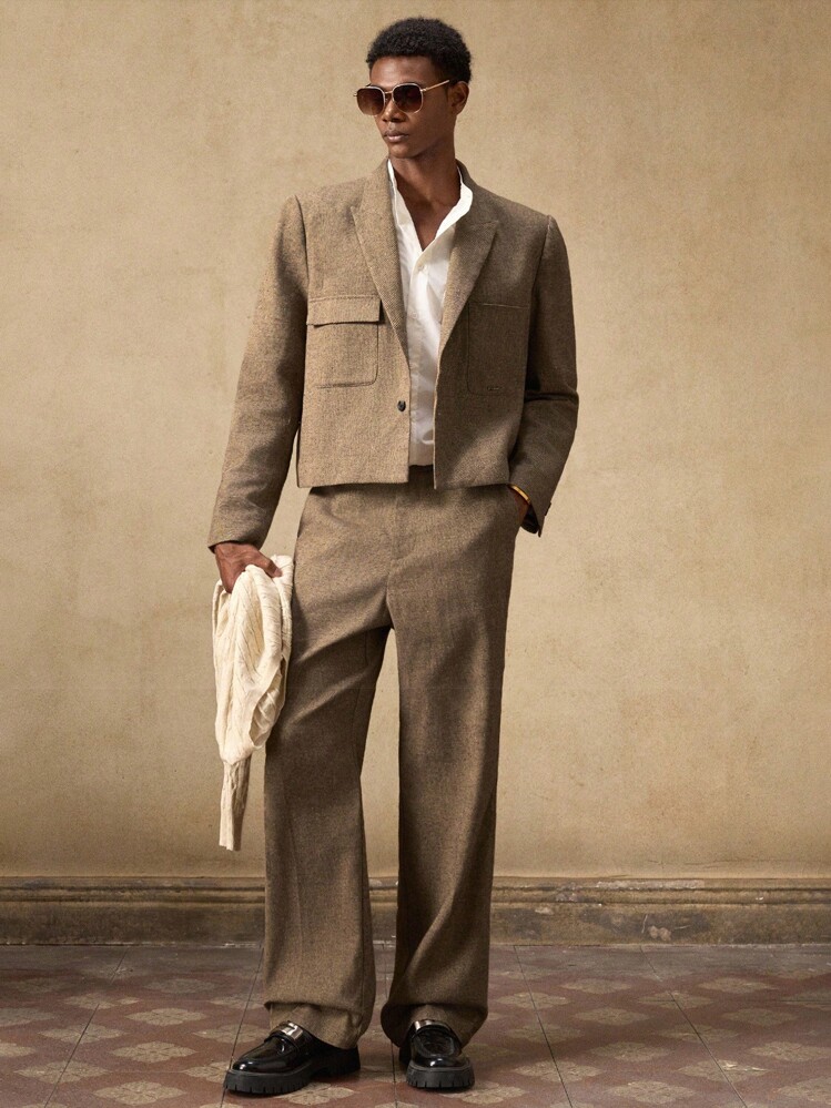 AKNOTIC 2pcs Business Casual Men's Fashion Woven Slim Fit Mocha Brown Suit Blazer Set, Suitable For Summer, Autumn, Vacation, Wedding, Party, Graduation Gift - Mocha Brown - View 1