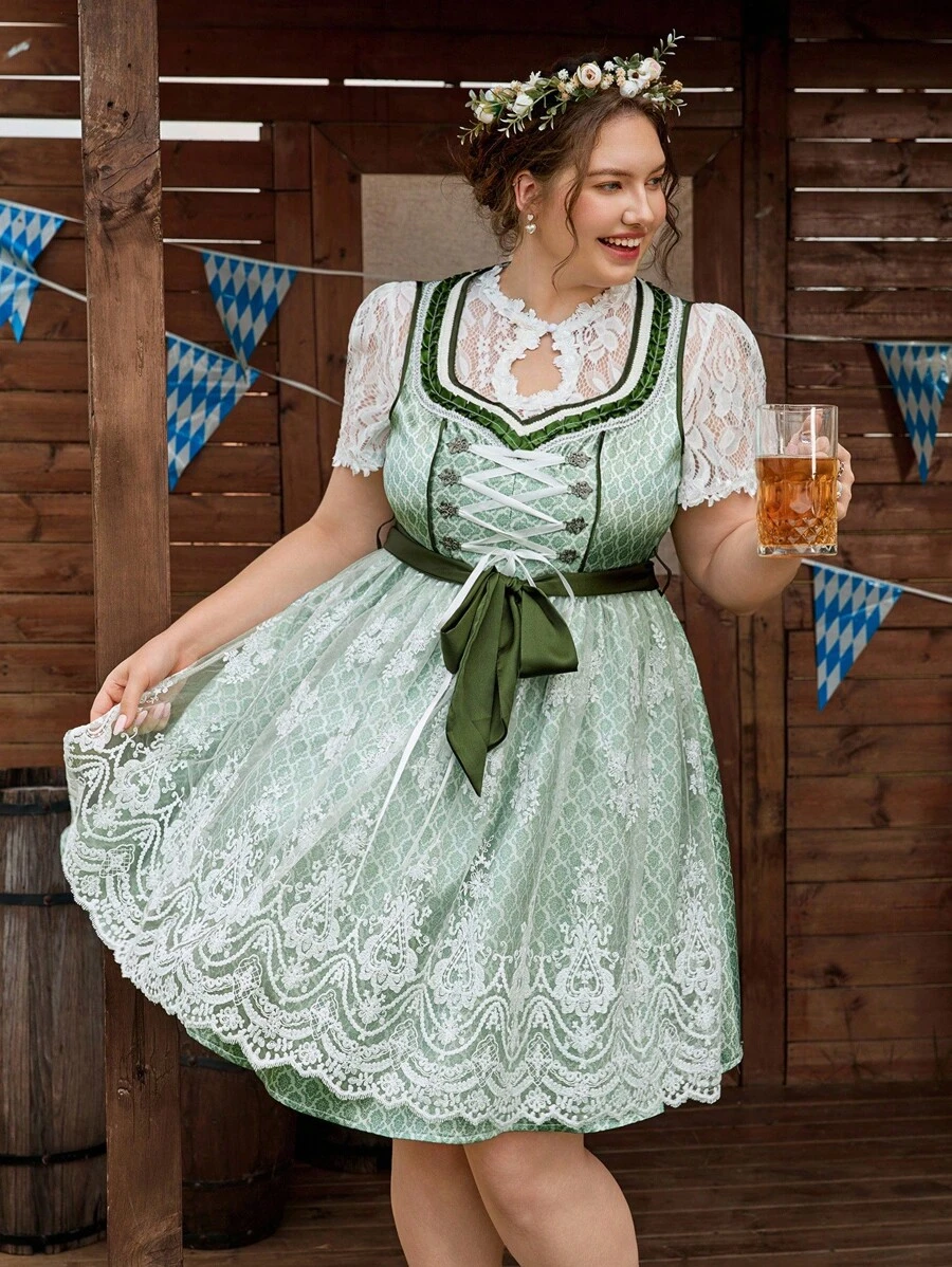 SHEIN Frenchy Vestido verde con cordones de talla grande para Oktoberfest, Dirndl - Verde - Ver 1