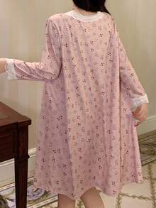 DAZY 2pcs Women Ditsy Floral Lace Patchwork Camisole Dress & Robe Sleepwear Set, Fall Clothes Pajama - Baby Pink - View 2