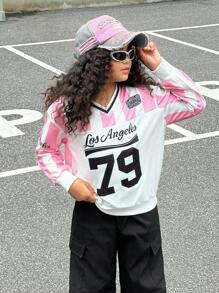 SHEIN Explorewe Streecool Tween Mädchen V-Ausschnitt rosa gestreifter Patchwork Langarm Sweatshirt mit Seitentasche und Cargohose 2-teiliges Set, modisch für Schule, Campusaktivitäten, Sport