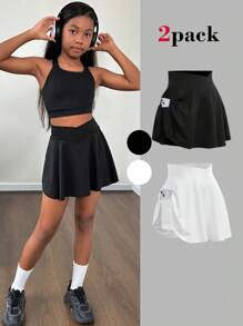 SHEIN Conjunto de 2 piezas de falda deportiva con forro de shorts para niñas preadolescentes, negro y blanco, compra 1 y llévate 1, moda deportiva casual y versátil