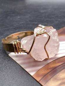 SHEIN Basic living 1pc Natural Crystal Rough Raw Ring Healing Gemston Statement Copper Wire Wrapped Asymmetric Crystal Gemstone Adjustable Adjustable Rings Jewelry For Women Girls Best Gifts Birthday Graduation