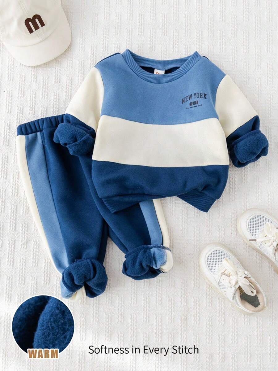 Cozy Pixies 2pcs Baby Boy Knit Soft Crew Neck Long Sleeve Pullover Sweatshirt And Elastic Waist Cuffed Pants Set Fall Winter - Multicolor - View 1