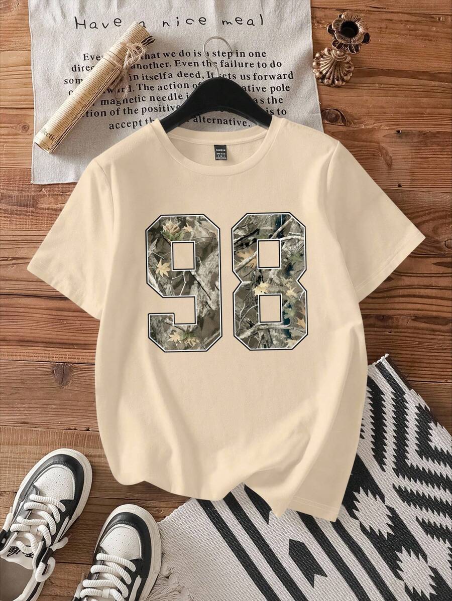 Attitoon Casual Minimalist 98 Branch Print Round Neck Short Sleeve Loose T-Shirt For Women, Suitable For Summer