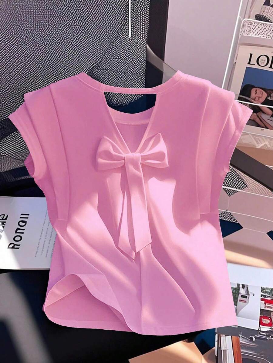 SHEIN Clasi Elegant Solid Color Bowknot Decor Hollow Out T-Shirt, Summer - Pink - View 1