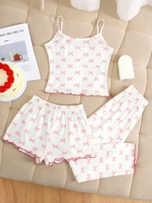 SHEIN 3pcs Tween Girls Casual Knit Pajama Set, Pink Cute Bow Print Camisole, Long Pants & Shorts - Baby Pink - View 2