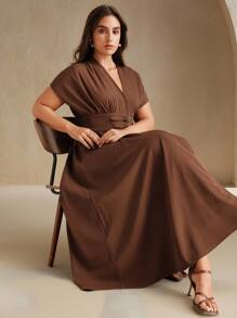 Anewsta Summer Fashion V-Neck Tie Waist Fitted A-Line Peplum Midi Dress - Coffee Brown - View 2