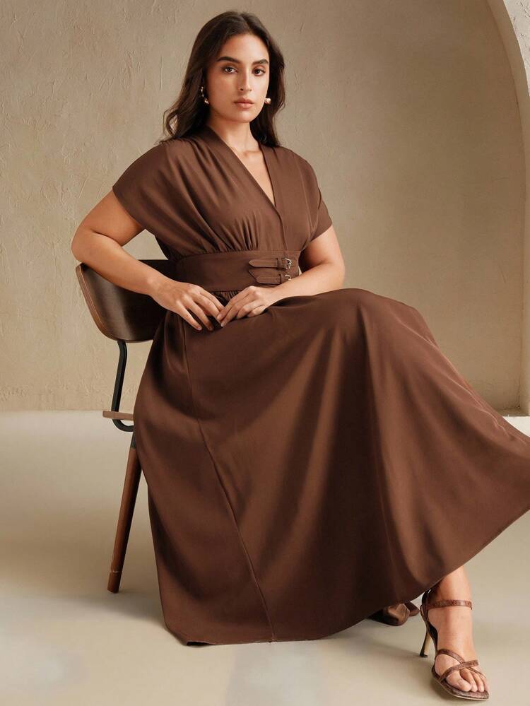 Summer Fashion V-Neck Tie Waist Fitted A-Line Peplum Midi Dress